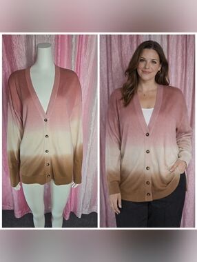 J. Jill Brown Dip Dyed Ombré Classic Button Cardigan Sweater Size Medium NWT
